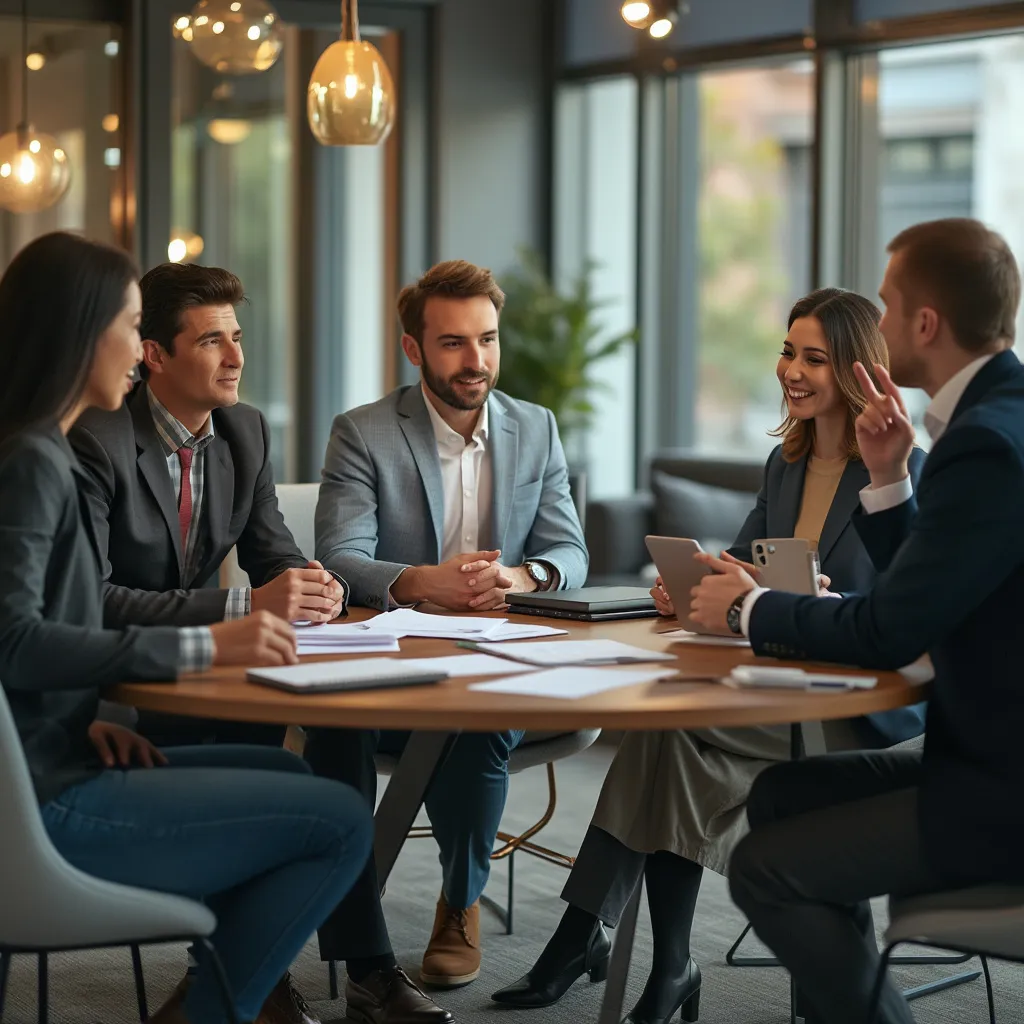 Equipo colaborando en oficina tecnológica de finanzas