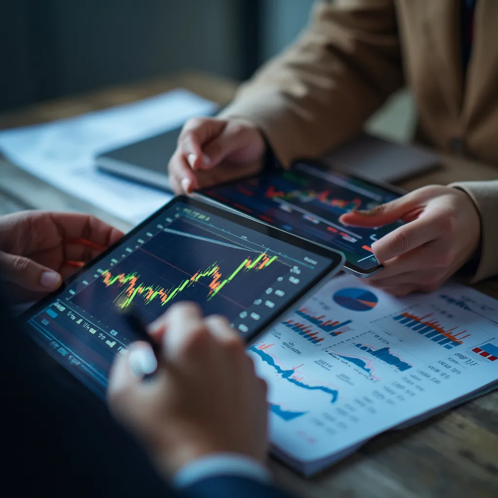 Equipo escribiendo notas y gráficos para análisis de mercado