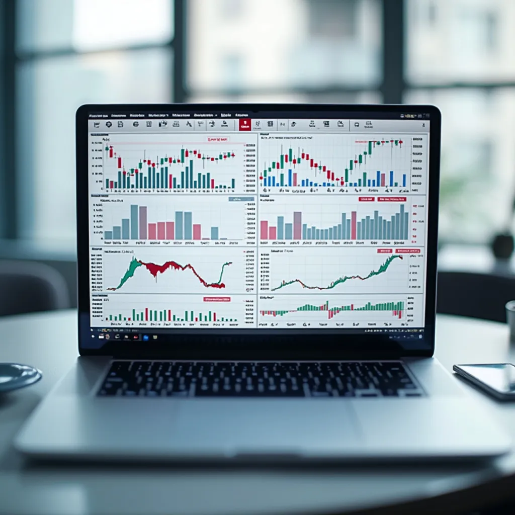 Detalle de computadora portátil con gráficos y datos financieros