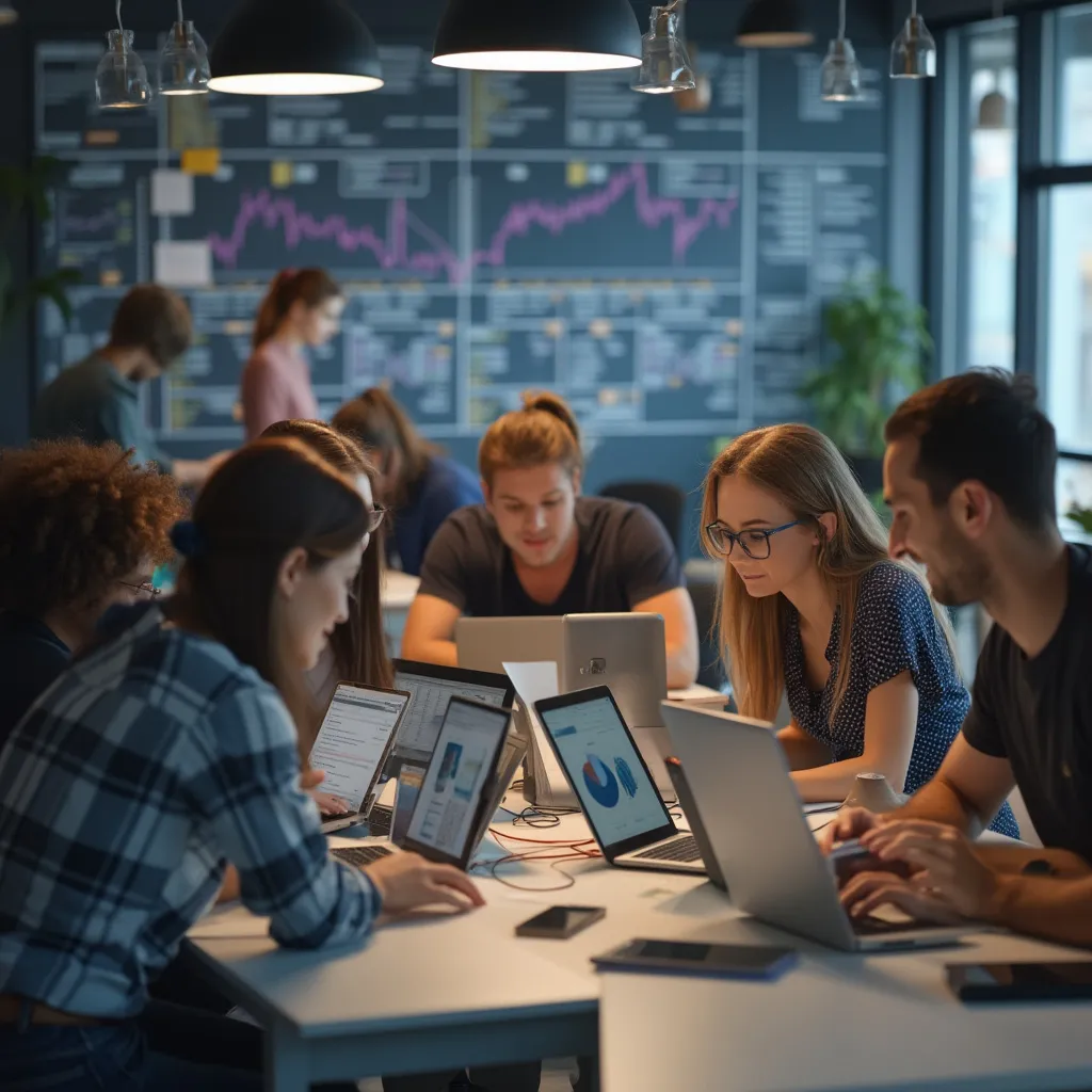 Equipo de jóvenes trabajando en proyectos financieros